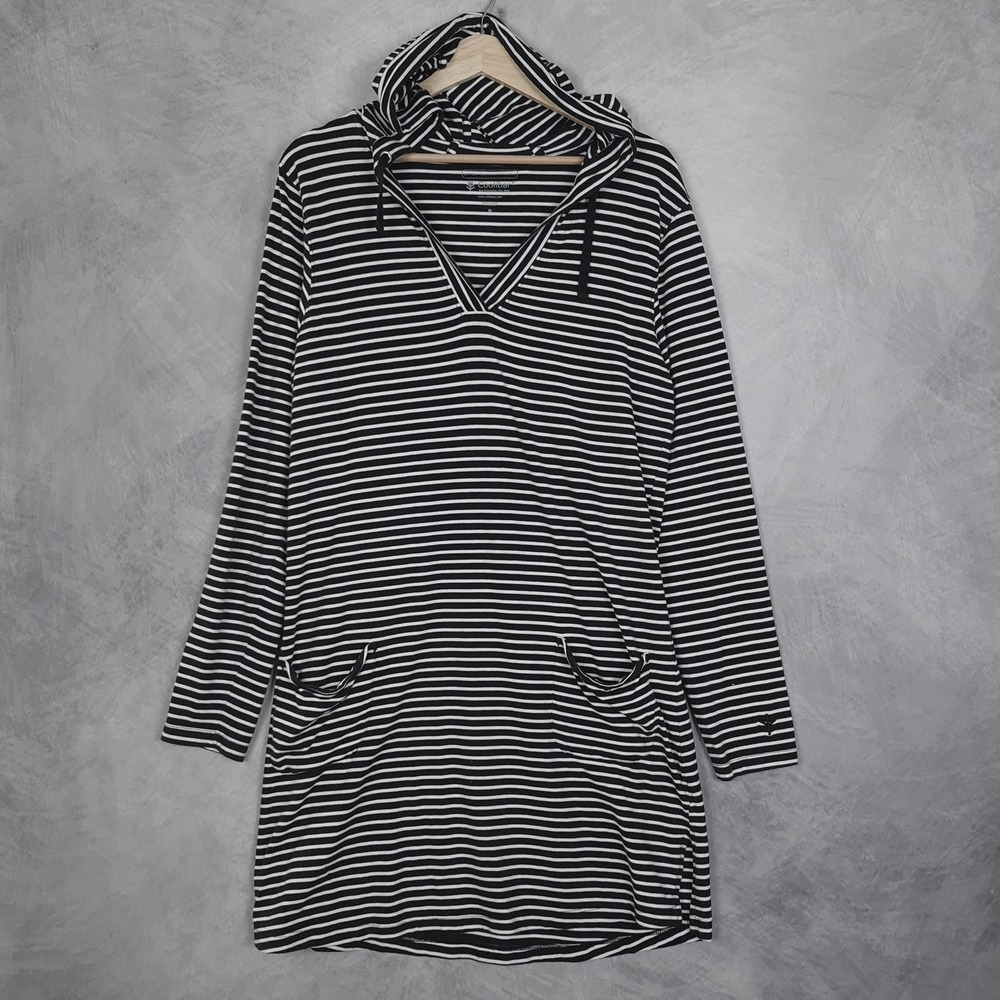 Coolibar Tunic Top Cove Womens Medium Black White Striped Hooded UPF 50+